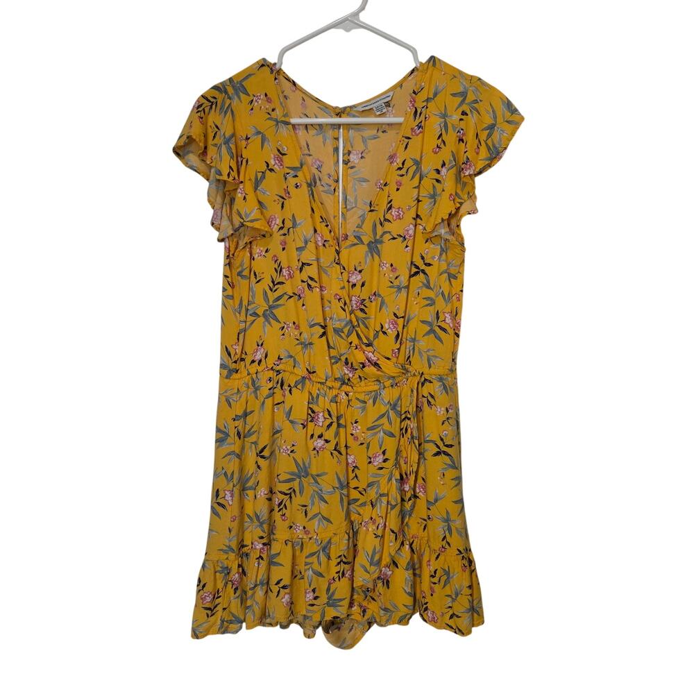 American Eagle Yellow Floral Flutter Sleeves Casual Faux Wrap Romper Size Small